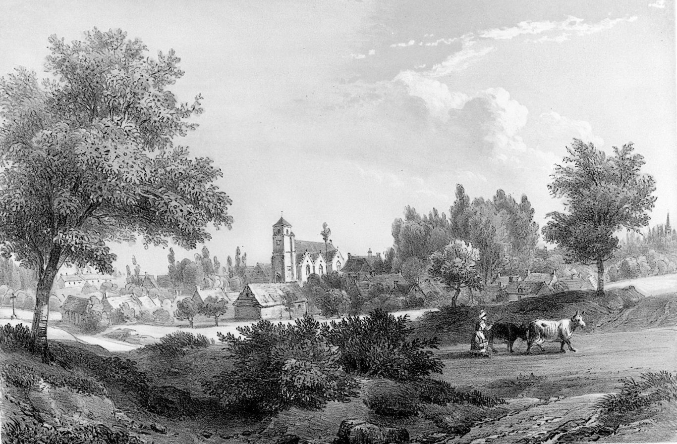 Lithographie de Brou en 1848 sur la base d'une vue de la route de la Bazoche.